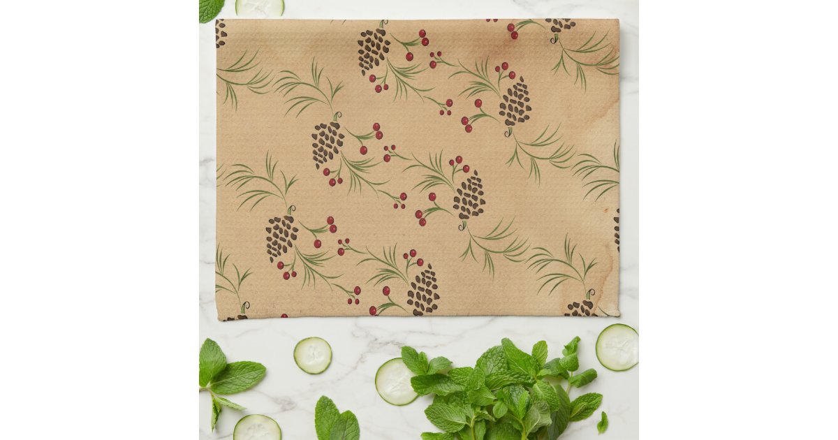 Pine Cones and Holly Kitchen Towels Zazzle