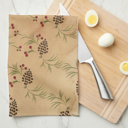 Pine Cones and Holly Kitchen Towels Zazzle