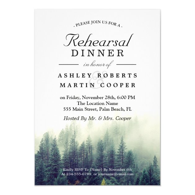 Pine Tree Forest Winter Wedding Rehearsal Dinner Card (front side)