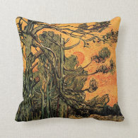 Pine Trees against a Red Sky with Setting Sun. Pillow