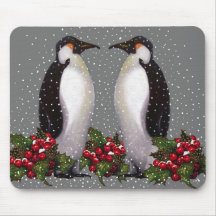 Pingüinos del navidad en la nieve, acebo: Arte Alfombrillas De Raton