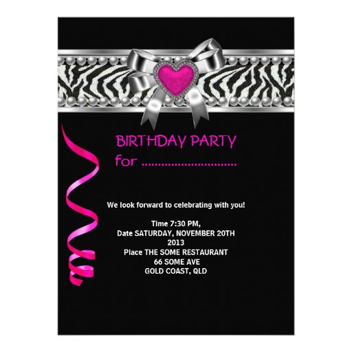 Pink 30th Birthday Party Zebra Black Champagne Custom Invites