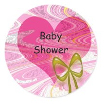 Pink Abstract Heart and Bow Round Stickers