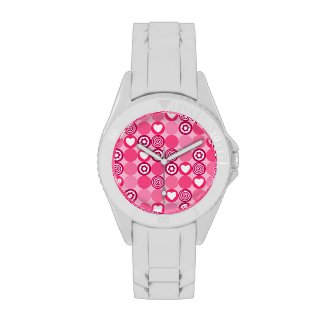 Pink abstract pattern with dots, flowers, hearts a watches