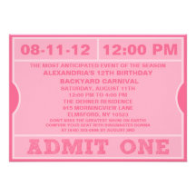 Pink Admit One Ticket Invitation Birthday Party