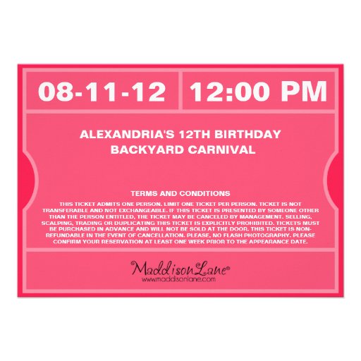 Pink Admit One Ticket Invitation Birthday Party
