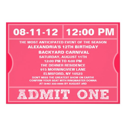 Pink Admit One Ticket Invitation Birthday Party