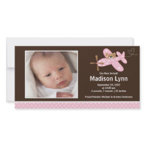 Pink Airplane Baby Girl Birth Annoucement Picture Card