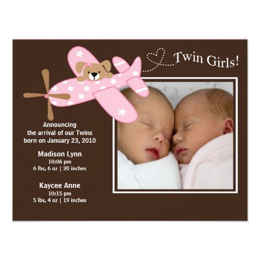 Pink Airplane Twin Girls Birth Annoucement Invitations
