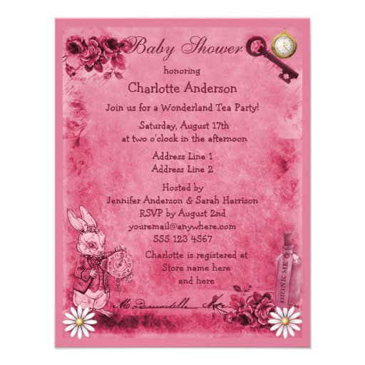 Pink Alice in Wonderland Tea Party Baby Shower Personalized Invitation