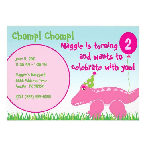 Pink Alligator Toddler Birthday Invitation 5 x 7