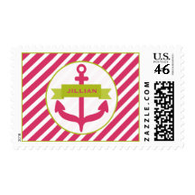 Pink Anchor & Diagonal Stripes Personalized Stamp