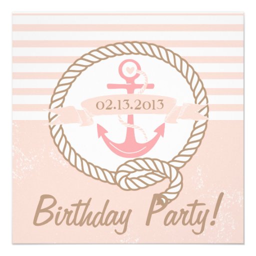 Pink Anchor Stripes Nautical Birthday Invitation