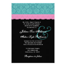 Pink and Aqua Damask  Lace Wedding Monogram P524 Announcements