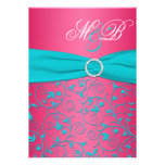 Pink and Aqua Damask Monogrammed Invitation