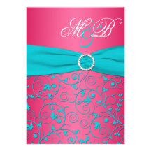 Pink and Aqua Damask Monogrammed Invitation
