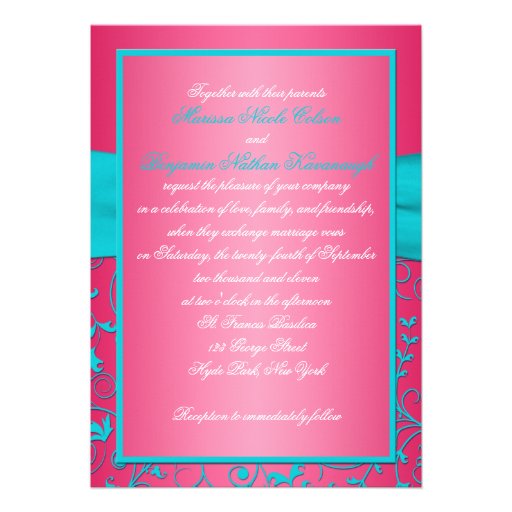 Pink and Aqua Damask Monogrammed Invitation