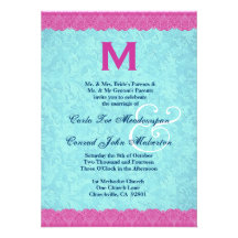 Pink and Aqua Lace Monogram Wedding F585 Invitation