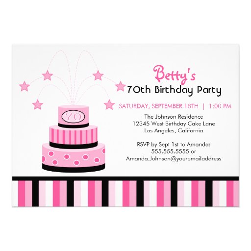 Pink and Black 70th Birthday Cake Party Invitation (front side)