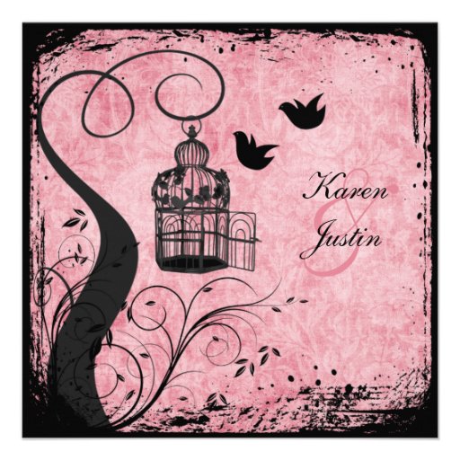 Pink and Black Birdcage Lovebirds on Linen Invite