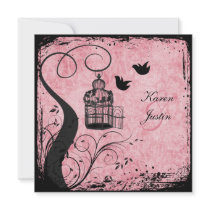Pink and Black Birdcage Lovebirds on Linen Invite