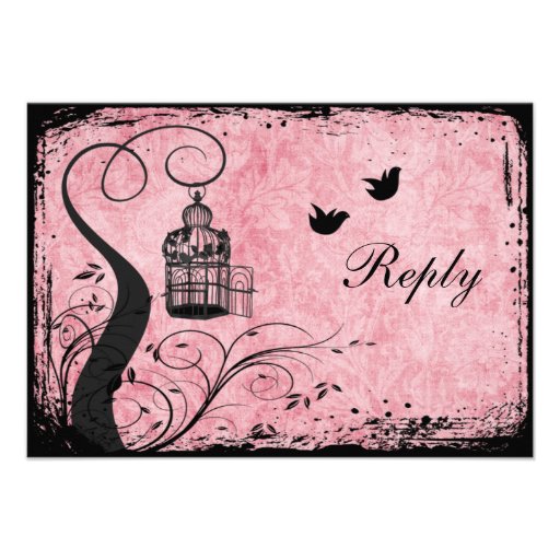 Pink and Black Birdcage Lovebirds Reply Card Personalized Invitation