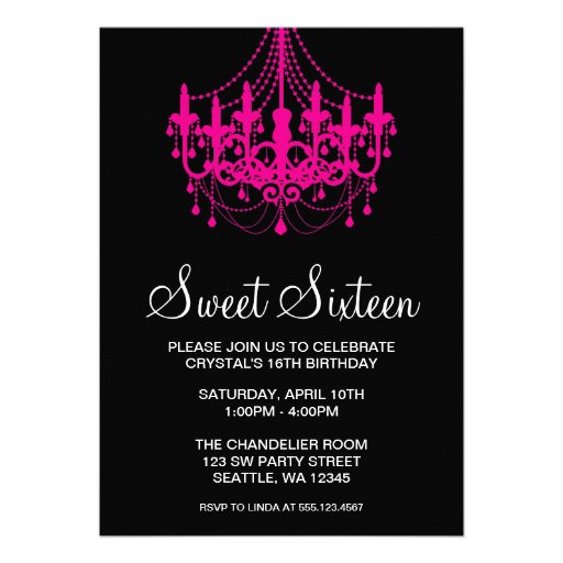 Pink and Black Chandelier Sweet Sixteen Birthday Invites