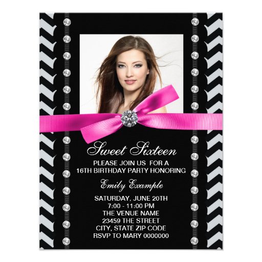 Pink and Black Chevron Sweet 16 Birthday Party Personalized Announcements