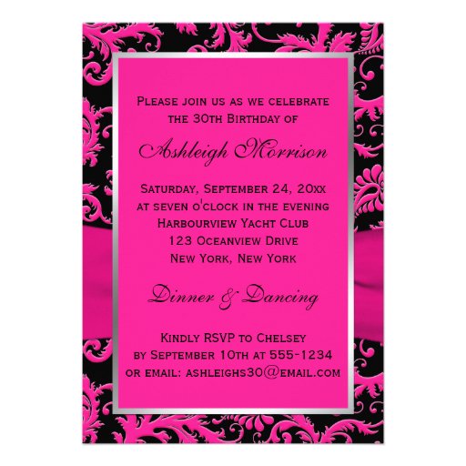 Pink and Black Damask 30th Birthday Invitation