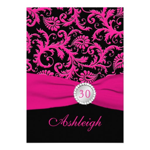 Pink and Black Damask 30th Birthday Invitation (front side)
