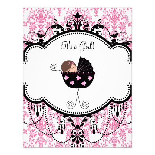 Pink and Black Damask Baby Girl Shower Invitations