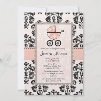 Pink and Black Damask Baby Shower Invitations