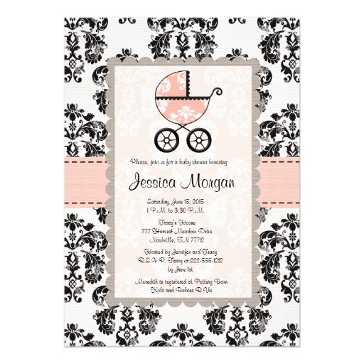 Pink and Black Damask Baby Shower Invitations