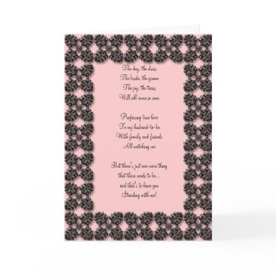 Pink and black damask Be my bridesmaid card