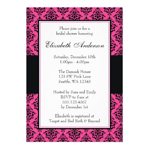 Pink and Black Damask Bridal Shower Custom Invitation