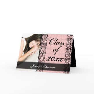 Pink and Black Damask Chic Graduation Annoncement card