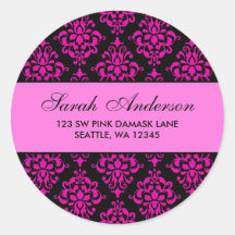 Pink and Black Damask Custom Address Label Sticker