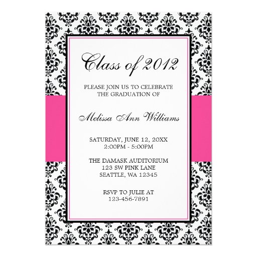 Pink and Black Damask Graduation Announcement (front side)