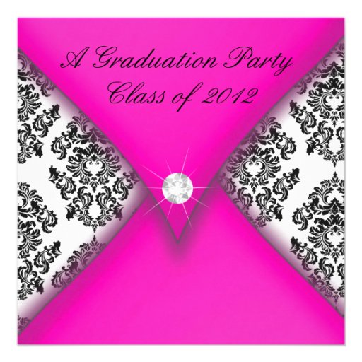 Pink and Black Damask Graduation Party Invite (front side)
