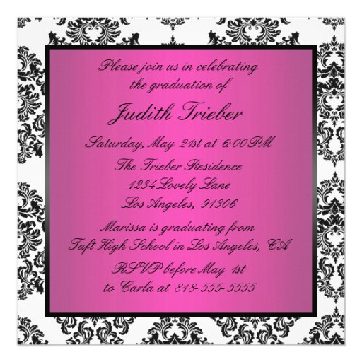 Pink and Black Damask Graduation Party Invite