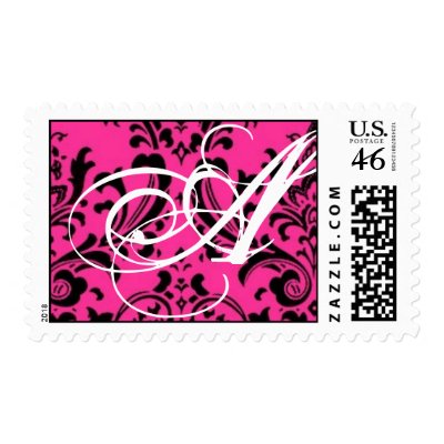 Pink and Black Damask Monogram Postage Stamp