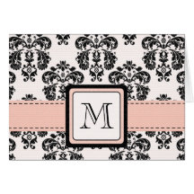 Pink and Black Damask Monogrammed Note Cards