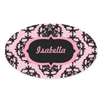 Pink and Black Damask Oval Stickers