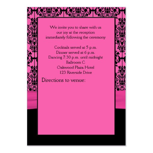 Pink and Black Damask Reception Card Business Card (back side)