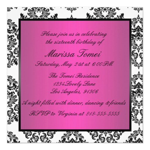 Pink and Black Damask Sweet Sixteen Invites