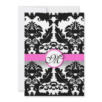 Pink and Black Damask Swirls Wedding Invitation invitation