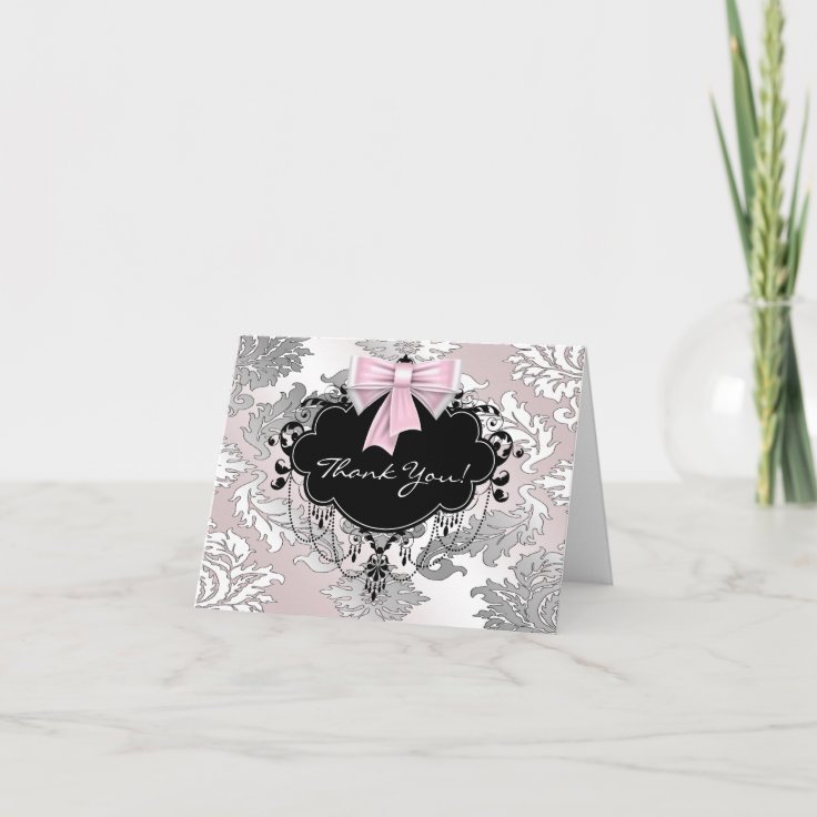 Pink And Black Damask Thank You Cards Zazzle