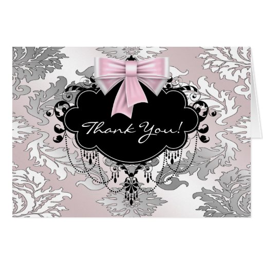 Pink and Black Damask Thank You Cards