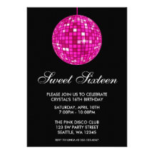 Pink and Black Disco Ball Sweet Sixteen Birthday Invitation