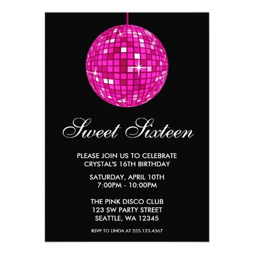 Pink and Black Disco Ball Sweet Sixteen Birthday Invitation